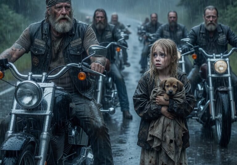 “A Girl Stopped a Biker in the Rain — What Was in Her Arms Left Angels Crying as a Lone Motorcycle Roared Through a Storm-Swept Highway and a Soaked, Shaking Young Girl Suddenly Stepped Into Its Path, Forcing the Massive Rider to Slam His Brakes in Shock. With tears mixing into the pouring rain, she held something tightly against her chest and begged for help in a voice barely louder than the thunder, turning a routine ride into a moment no one could ever forget. What the hardened biker saw in her arms shattered every expectation, silenced the storm for an instant, and transformed a cold night road into a scene of raw humanity, impossible sacrifice, and a truth so heartbreaking it felt like even the heavens were weeping above them.”
