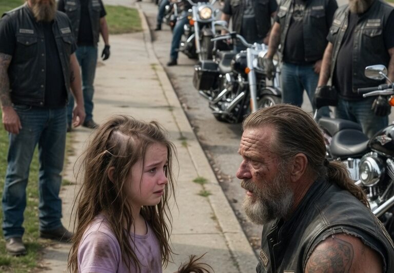 “He Cut Off My Hair,” the Girl Told a Biker — What 190 Hells Angels Did Shocked the Town as a terrified young girl broke down in front of a lone rider and revealed a disturbing act of cruelty that had been hidden behind closed doors in a quiet suburban community. Within hours, the message spread through the biker network, and by nightfall nearly two hundred riders assembled in complete silence outside the small town diner where it all began. What followed wasn’t just confrontation but a chain of events that exposed secrets, challenged authority, and turned fear into an unstoppable wave of reckoning that no one inside the town could have prepared for.
