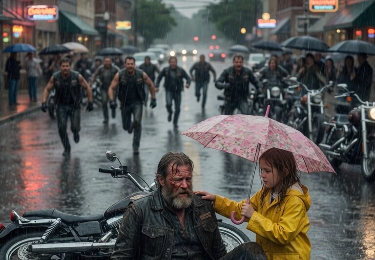 “Tiny Girl Shielded an Injured Hells Angel with Her Umbrella” — But When 17 Bikers Saw Her Standing in the Rain, Trembling Yet Refusing to Move, They Realized She Had Just Risked Everything for a Stranger Everyone Else Feared… What They Discovered Moments Later About Her Lonely Walk Home, the Broken Promise She Carried, and the Secret Hidden Behind That Stormy Night Turned One Small Act of Courage Into a Brotherhood That Changed Her Life, Shook the Whole Town, and Proved Even the Toughest Men Could Be Brought to Their Knees by a Child’s Kindness.