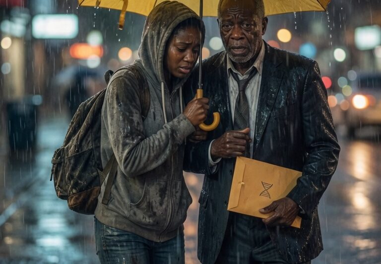 “Poor Woman Gave Her Umbrella to a Stranger in the Rain” — She Thought It Was Just One Small Act of Kindness on the Coldest Night of Her Life, Never Imagining the Soaked, Silent Man Would Return Days Later with a Question That Made Her Heart Stop… But When a DNA Test Exposed the Truth Hidden for Decades, the Woman Everyone Had Ignored Suddenly Became the Center of a Family Secret So Shocking It Changed Her Past, Her Future, and the Fate of a Fortune No One Ever Expected Her to Claim.