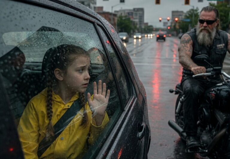 Little Girl Used a Distress Signal at a Red Light—Then a Hell Angel Followed the Car in a Story That Begins at an Ordinary Intersection Frozen in Traffic Where Nothing Seems Out of Place Until a Small, Silent Gesture From the Back Seat Breaks the Pattern of Routine and Forces a Weathered Biker to Notice What Others Miss, As Suspicion Turns Into Action and a Simple Decision to Follow a Vehicle Becomes the Start of a Dangerous Path Through City Streets, Hidden Motives, and Unspoken Fear, Ultimately Unraveling a Situation No One Outside That Car Could Have Understood, And Revealing a Truth That Would Change Not Only One Life But Also the Way an Entire Community Sees What It Means to Intervene When Something Feels Terribly Wrong