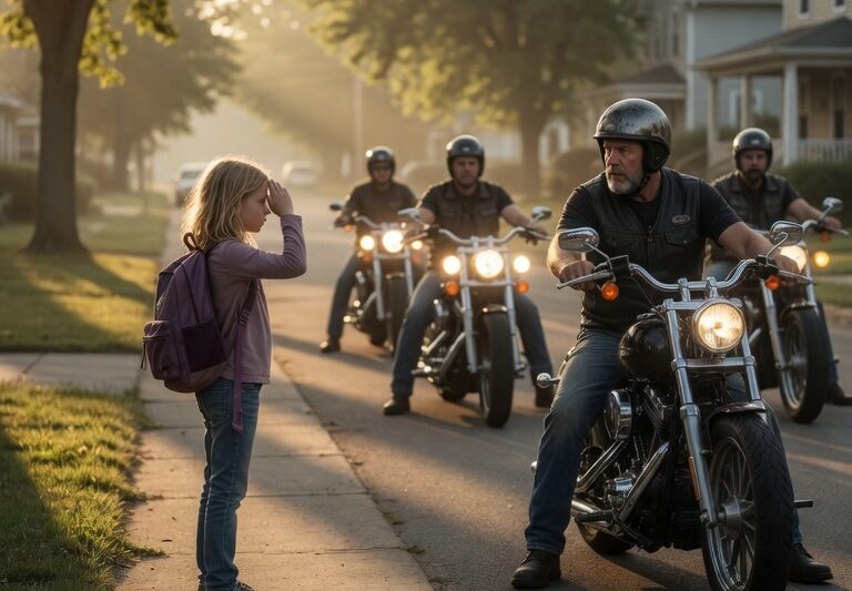 Little Girl Saluted a Group Of Bikers Every Day—Until One Morning, They Stopped for Her, Turning a Quiet Street Routine into an Unforgettable Moment That Revealed a Hidden Bond Between Innocence and the Hardest-Men-On-Wheels, As the Rumored Motorcycle Club Slowly Began Returning Her Gesture With Unexpected Respect, Watching Over Her From Afar Without Ever Speaking a Word, Until The Day They Finally Pulled Over in Front of Her, Leaving Neighbors Shocked, Parents Speechless, and the Entire Town Wondering What Secret Connection Had Been Formed Through Simple Daily Greetings That No One Ever Took Seriously—And Why the Bikers Suddenly Changed Everything