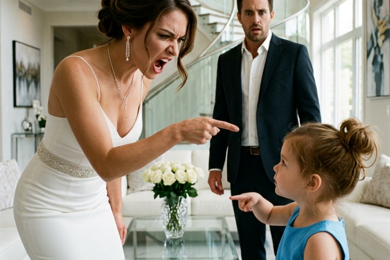 The Fiancée Thought She Could Silence the Maid’s Toddler With One Cruel Shout—But When the Room Fell Dead Quiet, the Trembling Child Raised a Tiny Finger and Pointed Behind Her Without Saying a Word, Leading the Billionaire to Discover the Hidden Truth His Bride-to-Be Had Buried Beneath Her Perfect Smile, Luxury Gown, and Wedding Lies; In That One Frozen Moment, the Engagement Collapsed, the Maid’s Secret Suffering Was Exposed, and the Woman Everyone Envied Became the Monster Nobody Could Ignore