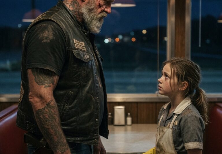 A Little Girl Worked Night Shifts in Silence, Arriving Before Dawn and Leaving After Midnight Without Ever Explaining Why She Needed to Be There—Until a Hells Angel Who Stopped by the Diner One Rainy Night Noticed Something Strange in the Way She Hid Her Hands, Counted Her Coins Twice, and Pretended Not to Be Exhausted; What He Discovered About Her Hidden Life, the Responsibility She Was Carrying Alone, and the Reason She Never Asked for Help Forced Him Into a Decision That Would Pull an Entire Motorcycle Club Into a Quiet Rescue No One Saw Coming, and Expose a Truth That Had Been Hiding in Plain Sight All Along