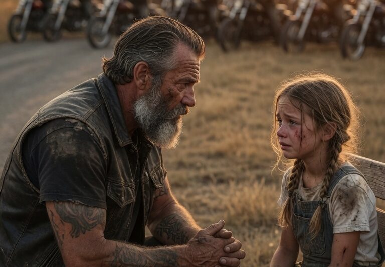 “Help Me,” a Broken Little Girl Whispered in a Voice Barely Loud Enough to Be Heard Over the Rain—And Within Minutes, a Group of 68 Hells Angels Who Had Just Rolled Through Town on a Routine Stop Found Themselves Surrounding Her Without a Word, Forming an Unexpected Human Shield That Kept Strangers, Danger, and Questions at Bay Until Someone Arrived Who Could Explain Why She Was Alone, Terrified, and Carrying a Secret No Child Should Ever Bear; As the Night Deepened and the Truth Slowly Surfaced Through Fragmented Clues, Witness Accounts, and a Phone Call That Changed Everything, the Bikers Who Thought They Were Just Passing Through Realized They Had Become the Only Thing Standing Between Her and a Hidden World That Was About to Be Exposed in Full.