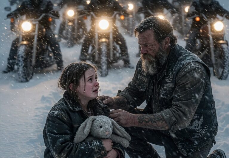“Please Don’t Leave Me…” an Orphan Girl Whispered as She Stood Alone Outside a Closed Shelter Door, Clutching a Small Bag Like It Was the Only Thing Anchoring Her to the World—Until a Group of 22 Bikers Who Had Just Stopped to Rest Noticed the Panic in Her Eyes and Instantly Shifted From Strangers to Protectors Without a Single Word of Discussion; What They Found When They Stepped In Was Not Just a Case of Neglect, but a Carefully Hidden Pattern of Exploitation and Fear That Had Gone Unnoticed for far too long, and As They Stayed With Her Through the Night, Blocking Every Threat and Following Every Lead, They Slowly Uncovered a Larger Truth That Transformed a Simple Act of Kindness Into a Full-Scale Rescue No One in That Town Was Prepared to Face.