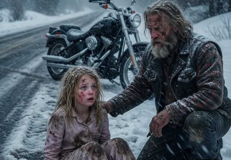 A Little Girl Was Beaten and Left in the Snow, Barefoot and Barely Conscious as the Storm Covered Her Tracks—Until a Hells Angels Biker Roared Through the Empty Road and Spotted Something That Didn’t Belong in the White Silence; When He Stopped His Engine and Stepped Closer, What He Found Was Not Just a Child Fighting to Survive, but a Hidden Chain of Violence That Had Gone Unnoticed for Too Long, Pulling Him Into a Night That Would Force an Entire Group of Riders to Become Her Unexpected Shield Against a Truth No One Else Had Bothered to See.