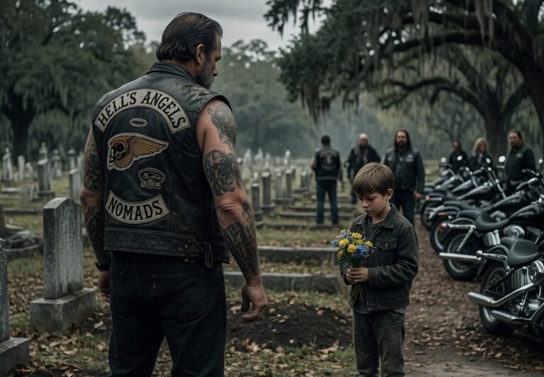 A Little Boy Was Seen Appearing Quietly at Every Hells Angels Funeral for Three Straight Years, Standing Alone in the Distance Without Ever Speaking to Anyone, Always Watching From Afar Before Disappearing Just as Silently as He Came — A Mysterious Pattern That Caught the Attention of the Entire Club, Slowly Turning Into Something No One Could Ignore; As Months Passed, Curiosity Gave Way to Concern, and Eventually the Bikers Decided to Find Out Who He Was and Why He Kept Returning to Their Most Sacred and Private Moments; What They Discovered About His Connection to One of Their Fallen Members Shocked Even the Hardest Riders, Unraveling a Hidden Story of Loyalty, Loss, and a Promise That Had Quietly Bound Him to the Club All Along