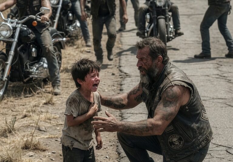 “Mom Won’t Wake Up!” the Barefoot Boy Cried Out in Panic, Standing Alone Outside a Small, Broken-Down House With No Shoes and Tears Streaming Down His Face — His Voice Cracking as He Begged Anyone Passing By to Help, Until a Group of Eight Bikers Heard His Desperate Shout and Instantly Stopped What They Were Doing Without Asking a Single Question; In Seconds, They Were Running Toward Him Through the Dusty Yard, Guided Only by the Fear in His Eyes and the Silence of the Home Behind Him; What They Found Inside Would Freeze Every One of Them in Place and Set Off a Chain of Events That No One in That Quiet Neighborhood Would Ever Forget.