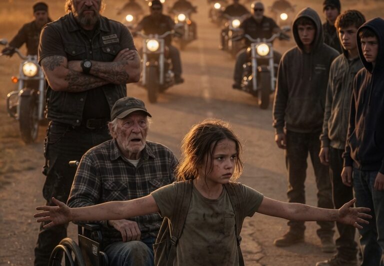 9-Year-Old Girl Stood Fearlessly Between a Group of Bullies and a Wheelchair-Bound Veteran, Refusing to Walk Away While Everyone Else Stayed Silent — She Had No Idea Her Small Act of Courage Would Reach the Most Unexpected People. By Dusk, 237 Hells Angels Riders Arrived, Leaving the Entire Town Stunned. Nobody Understood Why Hundreds of Bikers Would Show Up for a Child and a Forgotten Veteran Until The Truth Behind Their Connection Was Revealed. What Started as a Simple Moment of Kindness Became a Powerful Story About Loyalty, Respect, and How One Brave Decision From a Young Girl Could Unite an Entire Community.