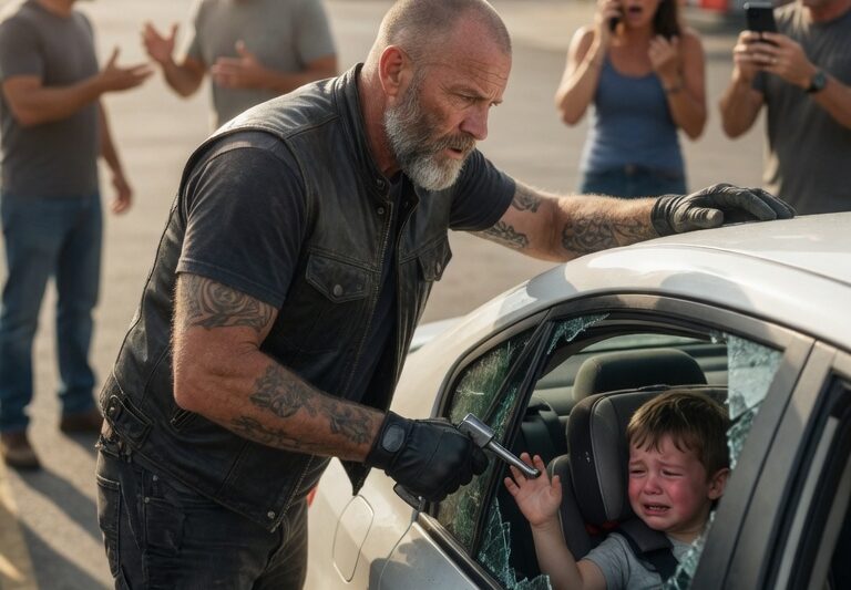 While Everyone Argued and Stood Frozen During a Desperate Emergency, a Hells Angel Made a Split-Second Decision That Shocked Everyone Around Him — He Broke Through a Locked Window to Reach a Child in Need. The Fearsome Biker Who Many People Judged by His Appearance Became the Only Person Brave Enough to Act When Time Was Running Out. As the Crowd watched in disbelief, His Unexpected Heroic Choice Revealed a Side of the Hells Angels Nobody Saw Coming. What Happened After That Moment Changed the Way an Entire Community Viewed Him Forever, Proving That True Courage Can Come From the Most Unexpected Places.