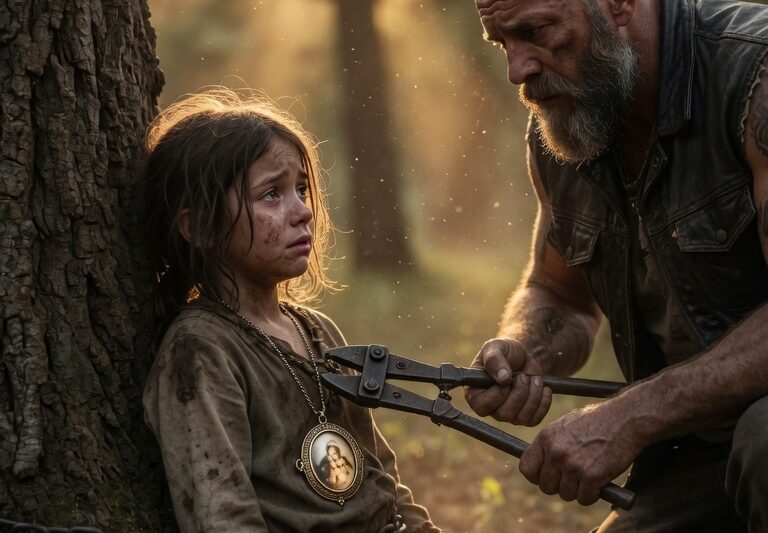 A Hells Angel Rescued a Chained Little Girl from a Terrifying Situation No Child Should Ever Endure — But Just When He Thought the Nightmare Was Over, He Noticed a Small Locket Hanging Around Her Neck. Inside Was a Discovery So Shocking, So Personal, and So Unexpected That It Stopped Him Cold and Changed Everything He Thought He Knew About Her Past. What began as a desperate rescue quickly turned into a mystery filled with hidden connections, long-buried secrets, and a truth powerful enough to shake an entire community. The hardened biker never expected one little girl — and one tiny locket — would alter his life forever.
