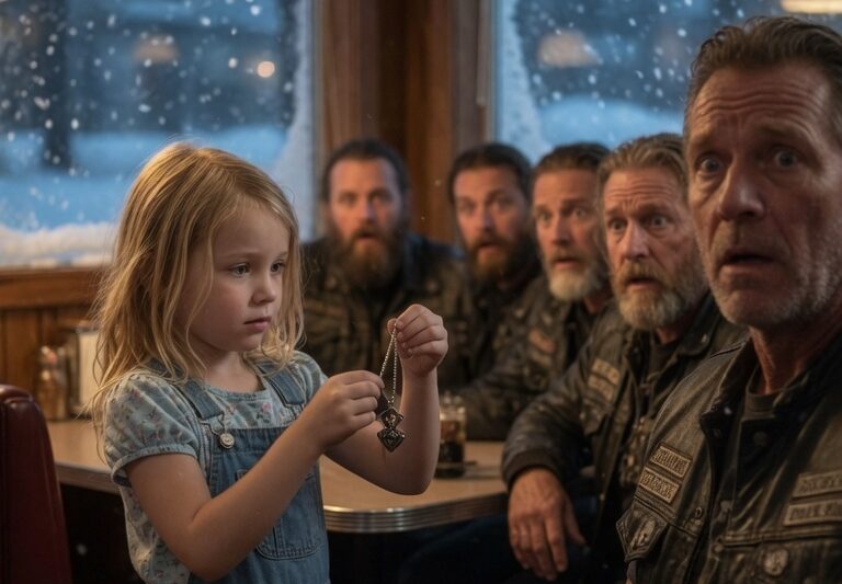 A Little Girl Happily Showed Her “New Necklace” to Five Bikers — But They Froze When They Discovered the Hidden Secret Behind It. What Looked Like an Ordinary Gift Turned Into a Shocking Mystery That Revealed a Forgotten Story, Forced the Bikers to Take Action, and Changed the Child’s Life Forever. The tiny detail they noticed left everyone speechless and uncovered a truth nobody expected.