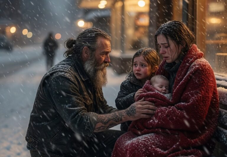 “Daddy, Her Baby Is Freezing!” — A Hells Angel Stopped in the Middle of a Blizzard After Hearing a Child’s Desperate Warning About a Stranger in Need. What seemed like an ordinary journey through a brutal winter storm became a life-changing moment when the biker discovered a mother and her baby fighting to survive the freezing conditions. Ignoring the danger around him, he made a choice that revealed the heart behind the tough exterior. As the storm grew stronger, the Hells Angel uncovered a hidden story of struggle, courage, and hope — proving that sometimes the most unexpected person can become someone’s greatest hero.