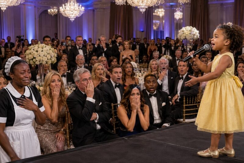 The Maid’s Toddler Wasn’t Allowed on the Stage at First, Quietly Turned Away by Security and Dismissed as “Not Belonging” in a Room Full of Elegant Guests and High Society Elites, Yet In a Moment No One Expected, the Small Child Stepped Forward Anyway and Began to Sing with a Pure, Unexpected Voice That Instantly Silenced the Entire Hall, Leaving the Audience Frozen Between Shock, Emotion, and Disbelief as the Music Shifted the Atmosphere Completely, Exposing Hidden Judgments, Silent Prejudice, and the True Power of Talent That No Wealth or Status Could Suppress, Until Every Eye in the Room Turned Toward the Child Who Had Just Changed Everything Without Saying a Single Word