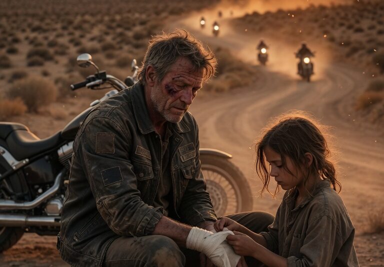 Orphan Girl Discovers an Injured Hells Angel Left in a Remote Alley and Quietly Bandages His Wounds Despite Her Fear and Limited Resources, Showing Unexpected Courage and Compassion That Stuns the Man Who Assumed No One Would Stop to Help Him, Only for the Situation to Take a Remarkable Turn the Next Day When an Entire Motorcycle Club Arrives After Learning What She Did, Turning a Moment of Kindness Into an Unforgettable Chain of Events That Leads to a Life-Changing Decision, as the Club’s Members Witness Her Strength, Loyalty, and Heart in a Way That Challenges Everything They Thought They Knew About Family, Belonging, and Protection