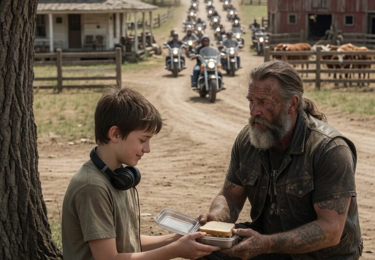 Autistic Boy Quietly Shares His Lunch with a Starving Hells Angel He Finds Resting by the Roadside, Offering His Only Meal Without Expectation or Fear, Creating a Moment of Pure, Unexpected Kindness That Leaves the Stranger Deeply Moved and Silent, Only for the Encounter to Resurface a Week Later When an Entire Group of 80 Hells Angels Arrives at His Family’s Struggling Farm, Not in Threat but in Solidarity, Bringing Support, Protection, and Help That Transforms Their Lives, Revealing How a Simple Act of Compassion Can Echo Far Beyond Its Moment and Return in Ways No One Could Have Predicted, Turning a Quiet Gesture Into a Powerful Story of Loyalty, Respect, and Life-Changing Gratitude