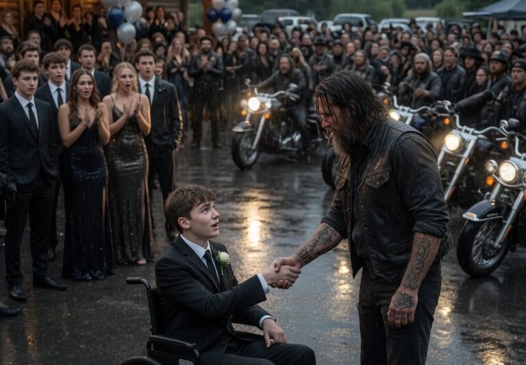 Disabled Teen Fixed a Stranded Biker’s Harley in the Pouring Rain—A Moment of Kindness That No One Expected to Matter, Until It Did, when the stranded biker turned out to be connected to a massive outlaw network that remembered the boy’s face long after the rain stopped, quietly watching from a distance as his quiet life continued at school, until the night of prom arrived and everything changed when 200 bikers showed up outside the venue in formation, not to threaten but to honor a promise no one understood, turning a teenage milestone into a moment the entire town forget