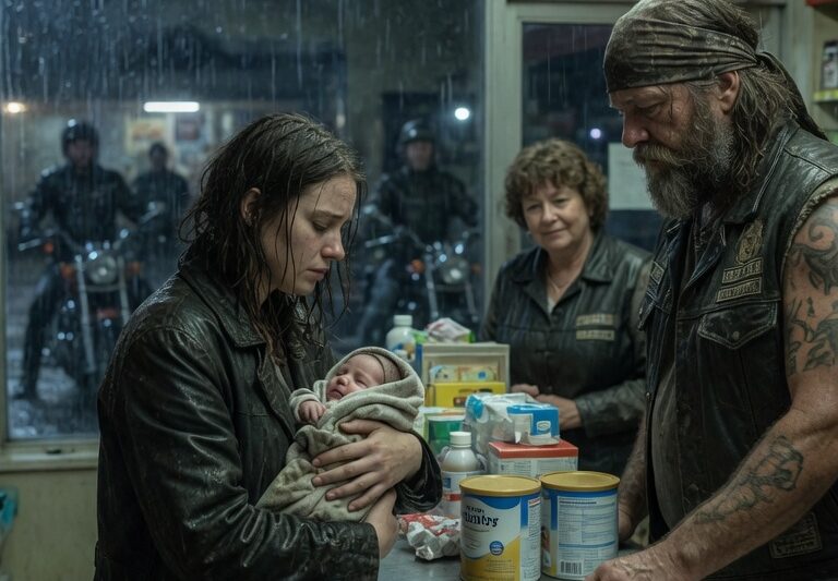 She Had Only a Handful of Coins and Was Standing in Line, Praying It Would Be Enough to Buy Baby Formula for Her Hungry Child, When a Rough-Looking Hells Angel Stepped Forward, Watched the Cashier’s Cold Reaction, and Quietly Said the Words That Changed Her Life Forever: “You’re Family Now,” Turning an Ordinary Moment of Desperation Into a Powerful Twist No One in the Store Expected, As Shocked Onlookers Fell Silent, Emotions Ran High, and one unexpected act of compassion from the last person anyone would have trusted began a chain of events that would give a struggling mother hope, protection, and a future she thought was already lost