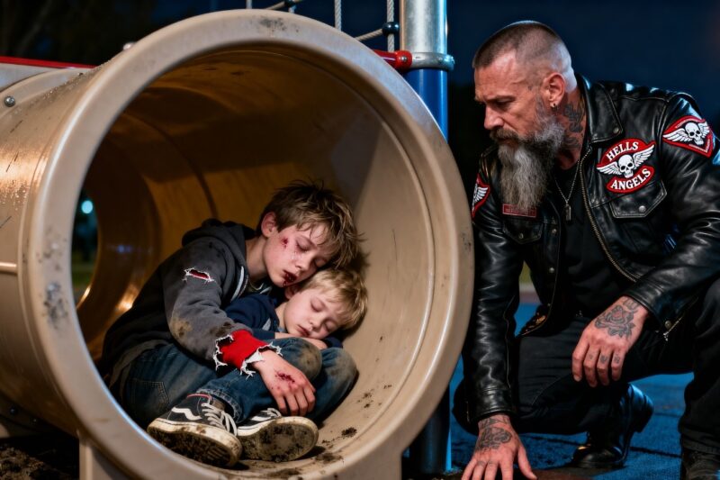 Two Brothers Were Found Sleeping in a Playground Tunnel… Then the Hells Angel Realized Why