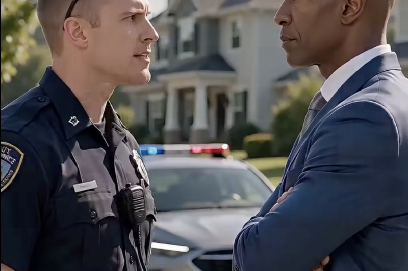 A cop aggressively points his finger at a man standing on a sunny suburban street. The officer demands to see ID, claiming the man doesn’t belong here. But this stranger remains totally unbothered in his expensive blue suit. Neighbors gather in the background, whispering and waiting for a fight. Suddenly, the man steps forward and walks right past the reaching officer.